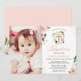 Girl Baptism Christening Photo Rosa Blommigt Inbjudningar