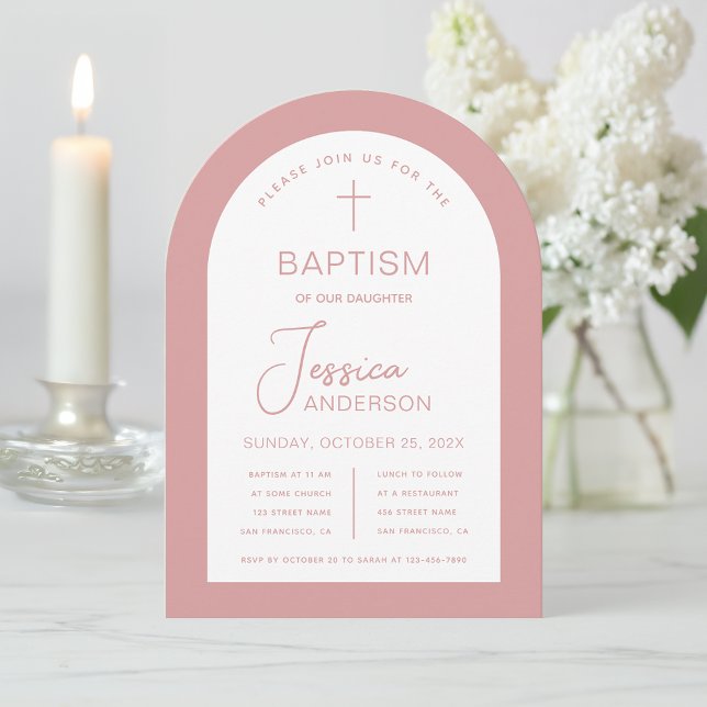 Girl Baptism Dusty Ro White Arch Modern Rosa Inbjudningar (Skapare uppladdad)