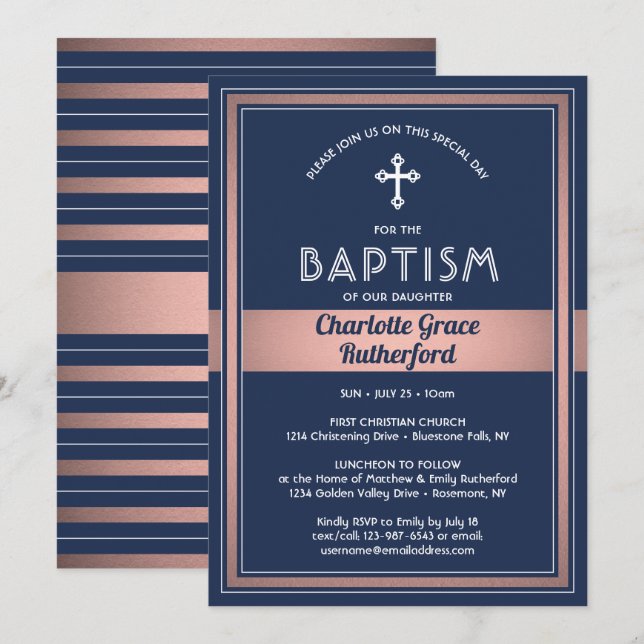 Girl Baptism Elegant Navy Blue Rosa ros Guld Inbjudningar (Fram/baksida)