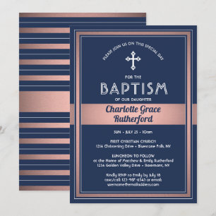 Girl Baptism Elegant Navy Blue Rosa ros Guld Inbjudningar