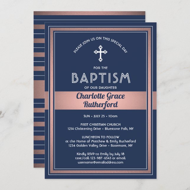 Girl Baptism Elegant Navy Blue Rosa ros Guld Inbjudningar (Fram/baksida)