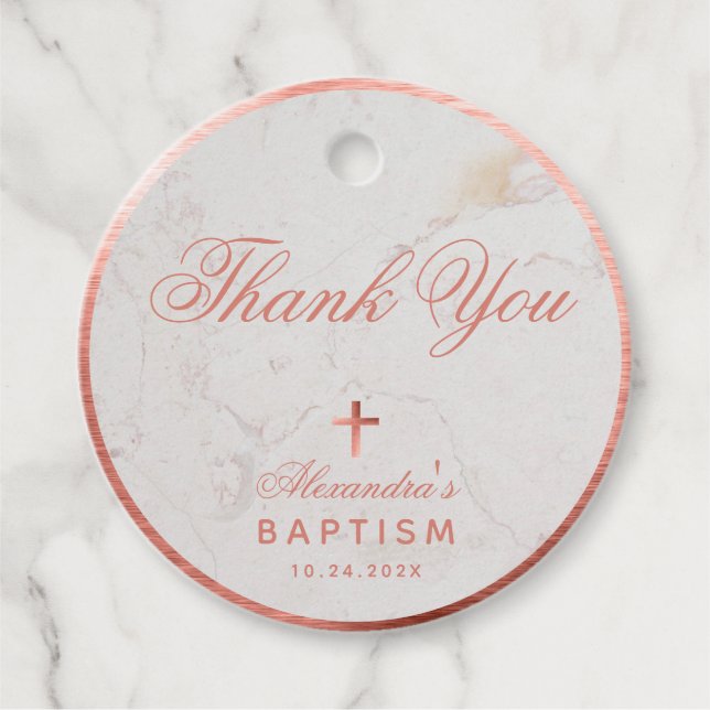 Girl Baptism Elegant Ro Guld Marble Tack Fa Gåvor Etiketter (Framsida)