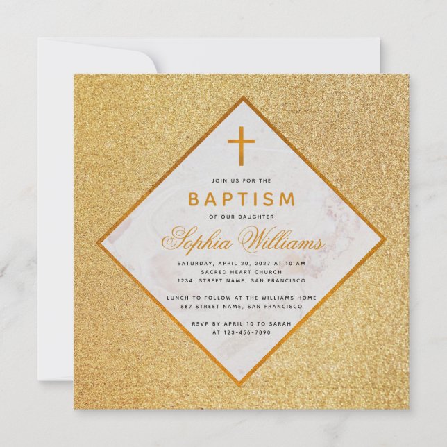 Girl Baptism Faux Guld Glitter Kor White Marble Inbjudningar (Framsida)