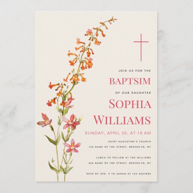  Girl Baptism Floral Watercolor Wildflowers Inbjudningar (Framsida)