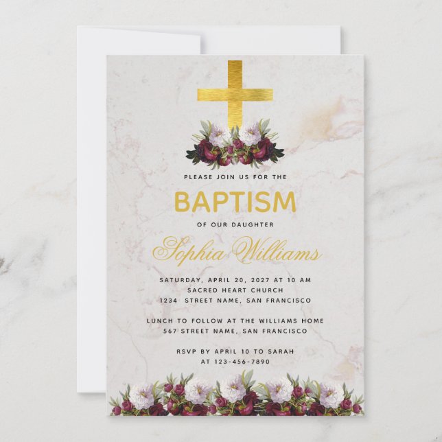 Girl Baptism Guld Kor Burgundy Peonies Marble Inbjudningar (Framsida)