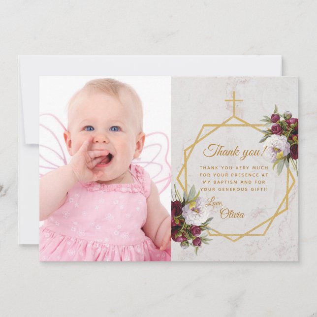 Girl Baptism Guld Kor Marble Peonies Butterfly Tack Kort (Framsida)