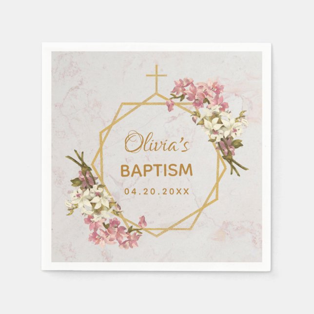 Girl Baptism Marble Blommigt Orchids Guld Geometri Pappersservett (Framsidan)