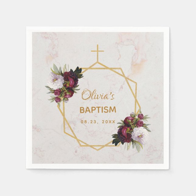 Girl Baptism Marble Guld Burgundy Peonies Blommigt Pappersservett (Framsidan)