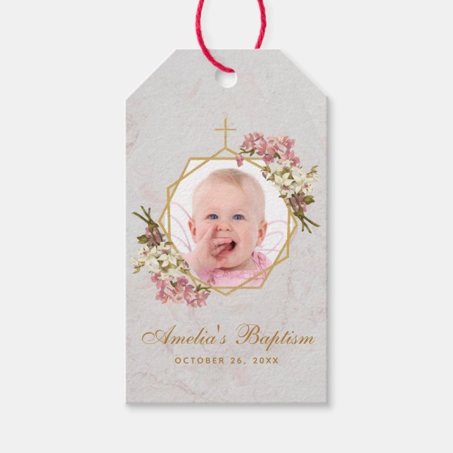 Girl Baptism Photo Guld Rosa Orchids Blommigt Marb Presentetikett (Framsidan)