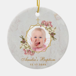 Girl Baptism Photo Pink Orchids Floral Gold Marble Julgransprydnad Keramik