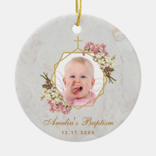 Girl Baptism Photo Pink Orchids Floral Gold Marble Julgransprydnad Keramik