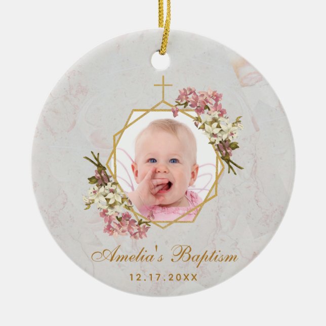 Girl Baptism Photo Pink Orchids Floral Gold Marble Julgransprydnad Keramik (Framsidan)