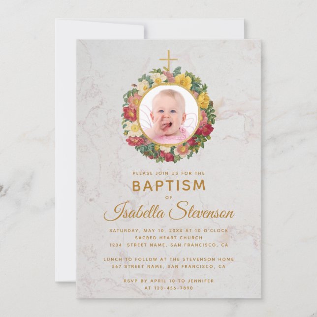 Girl Baptism Photo Ro Wand Kor Marble Blommigt Inbjudningar (Framsida)