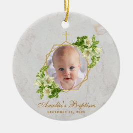 Girl Baptism Photo White Lilies Marble Guld Blommi Julgransprydnad Keramik