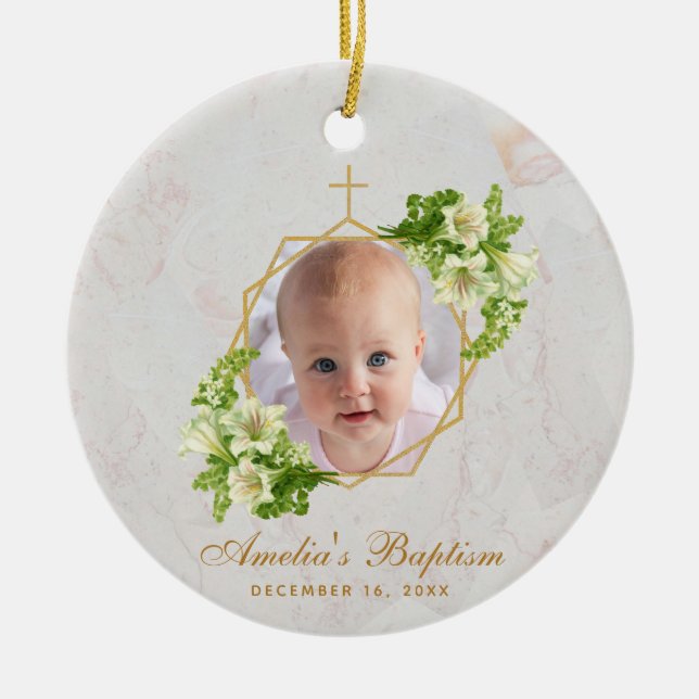 Girl Baptism Photo White Lilies Marble Guld Blommi Julgransprydnad Keramik (Framsidan)