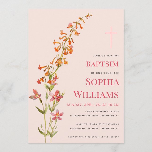  Girl Baptism Pink Floral Watercolor Wildflowers Inbjudningar (Framsida)