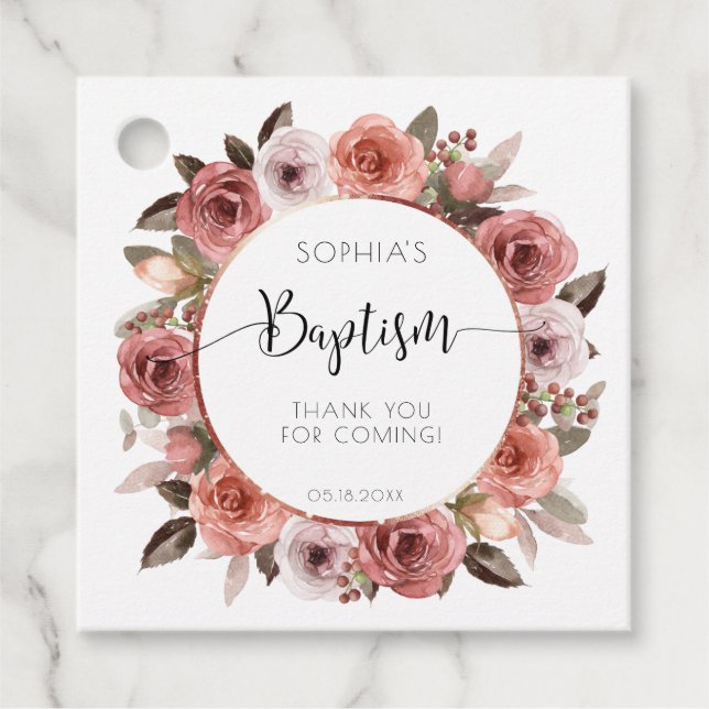 Girl Baptism Ro Guld,  Blommigten Tack Gåvor Etiketter (Framsida)