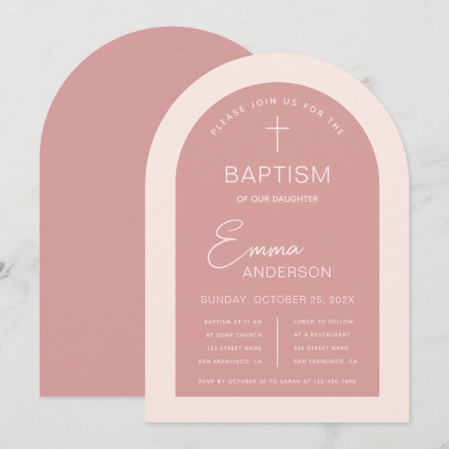 Girl Baptism Rosa Arch Modern Script Dusty Ro Inbjudningar (Fram/baksida)