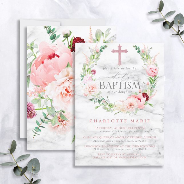 Girl Baptism Rosa ros Marble Kor Elegant Inbjudningar (Skapare uppladdad)