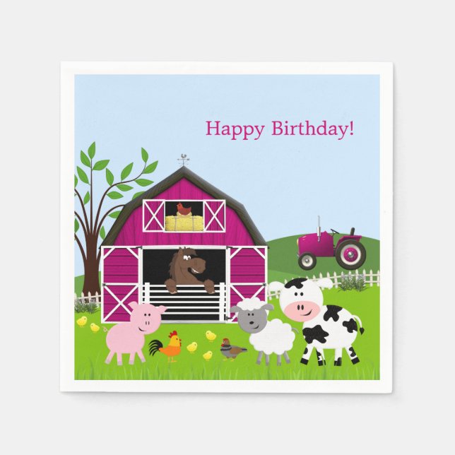 Girl Barnyard Boskap Birthday Papper Napkins Pappersservett (Framsidan)