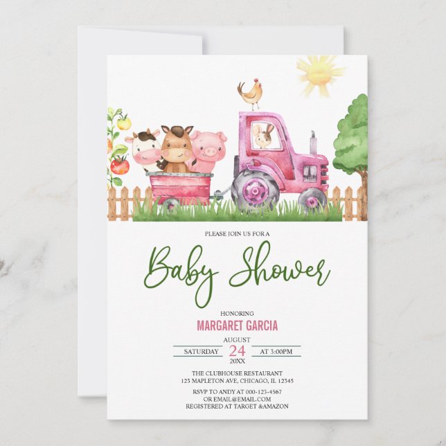 Girl Barnyard Rosa Boskap Baby Shower Inbjudningar (Framsida)