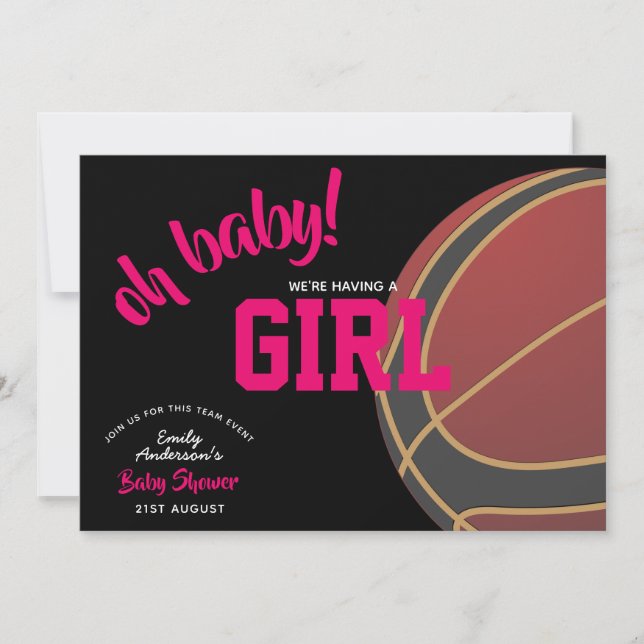 GIRL Baseketball Baby Shower Rosa Black Inbjudan (Framsida)