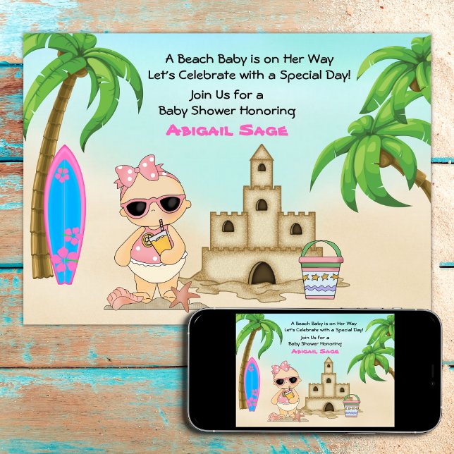Girl Beach Baby Sandcastle n Surfboard Baby Shower Inbjudningar (Skapare uppladdad)