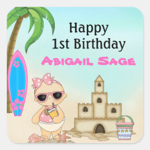 Girl Beach Baby Sandcastle, Surfboard 1:a födelsed Fyrkantigt Klistermärke