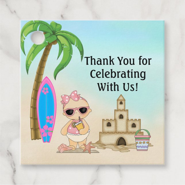 Girl Beach Baby Sandcastle, Surfboard Baby Shower Gåvor Etiketter (Framsida)