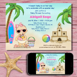 Girl Beach Baby Sandcastle, Surfboard Baby Shower Inbjudningar