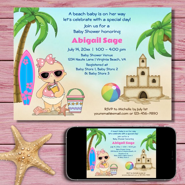 Girl Beach Baby Sandcastle, Surfboard Baby Shower Inbjudningar (Printed and Digital - Girl Beach Baby Sandcastle, Surfboard Baby Shower Invitation)