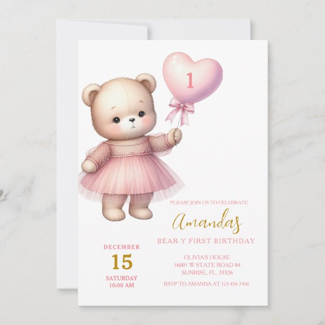 Girl Bear Heart Rosa Balloys First Birthday Inbjudningar (Framsida)