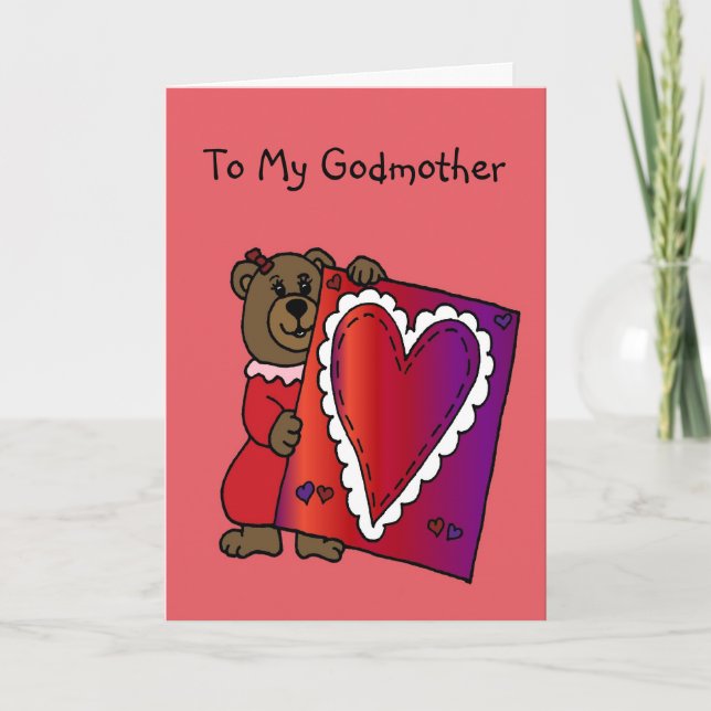 girl bear holding valentine for godmother card helgkort (Framsida)