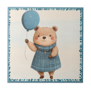 Girl Bear med Blue Pset Dress and Balloon Kakelplatta