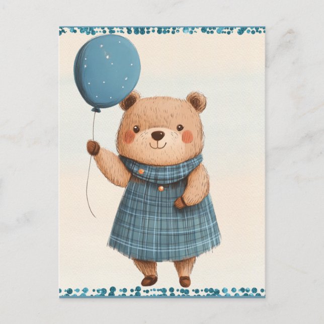 Girl Bear med Blue Pset Dress and Balloon Vykort (Framsida)