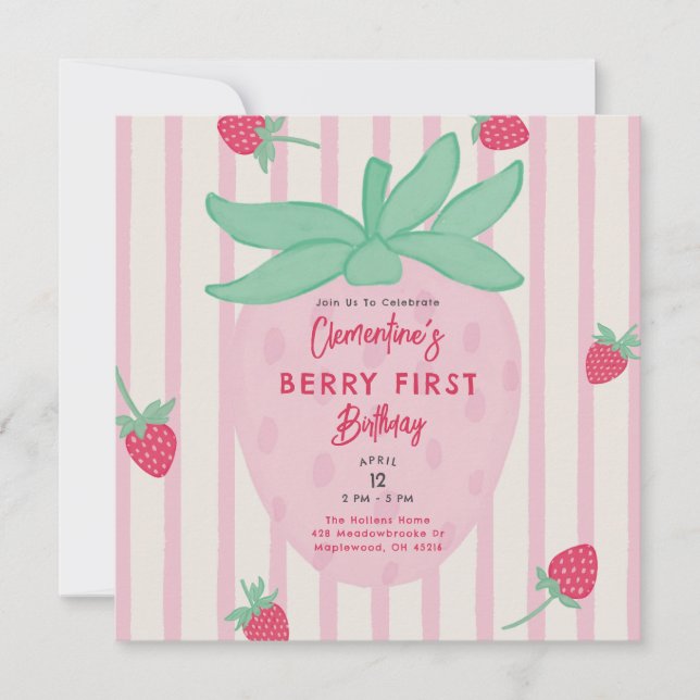 Girl Berry First Birthday Party Invitation (Framsida)