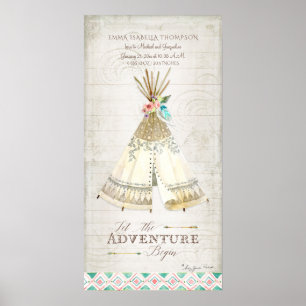Girl Birth Info Tribal Boho Äventyr Teepee Arrow Poster