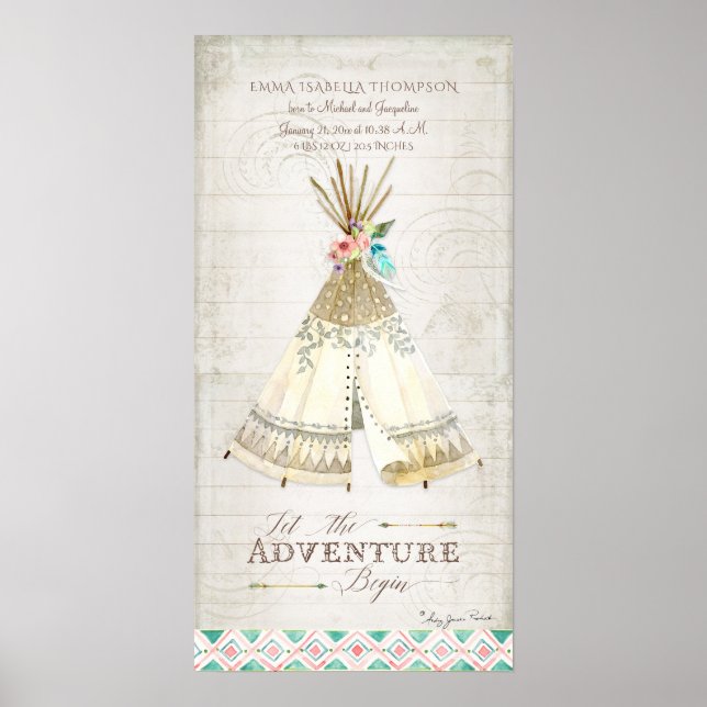 Girl Birth Info Tribal Boho Äventyr Teepee Arrow Poster (Framsidan)