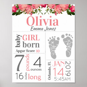 Girl Birth Stat Sign Rosa Blommigt Footprint USA Poster