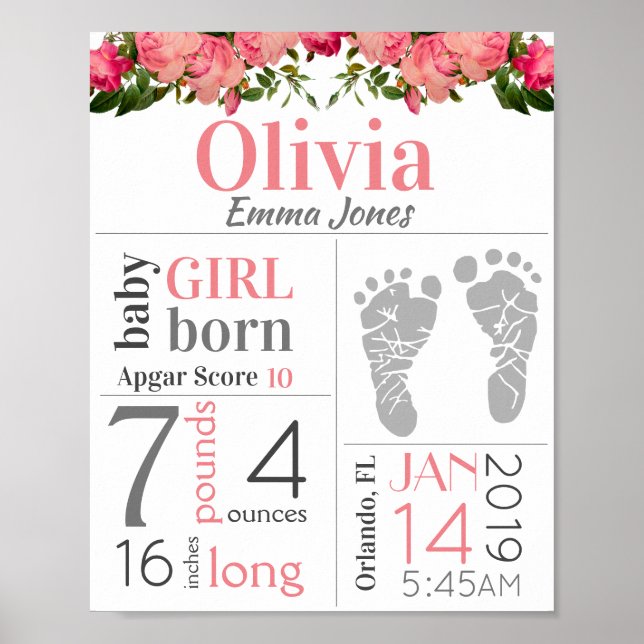 Girl Birth Stat Sign Rosa Blommigt Footprint USA Poster (Framsidan)