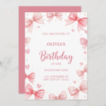 Girl Birthday Invitation Pink Bow Sweet Kids Party