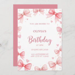 Girl Birthday Invitation Pink Bow Sweet Kids Party Inbjudningar