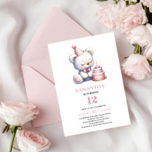 Girl Birthday Pink Teddy Bear Ivory Balloon Invite