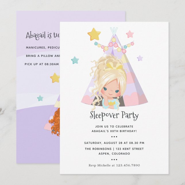 Girl Birthday Slumber Party Inbjudningar (Fram/baksida)