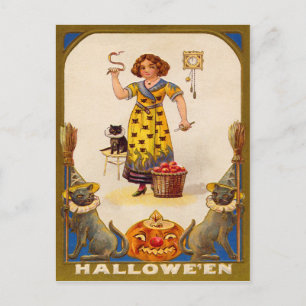 Girl Black Cat Jack O'Lantern Vykort