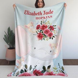 Girl Blanket med Elephant Burgundy Maroon Flowers Fleecefilt