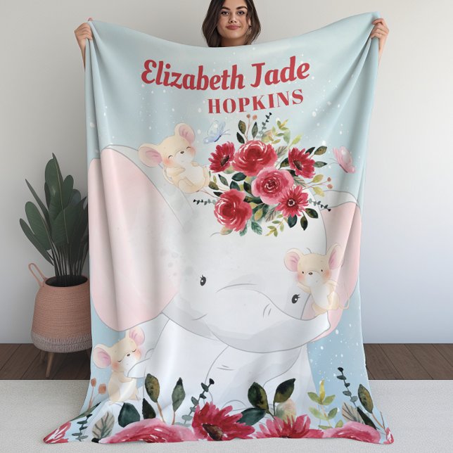 Girl Blanket med Elephant Burgundy Maroon Flowers Fleecefilt (Girl Blanket with Elephant Burgundy Maroon Flowers (L))