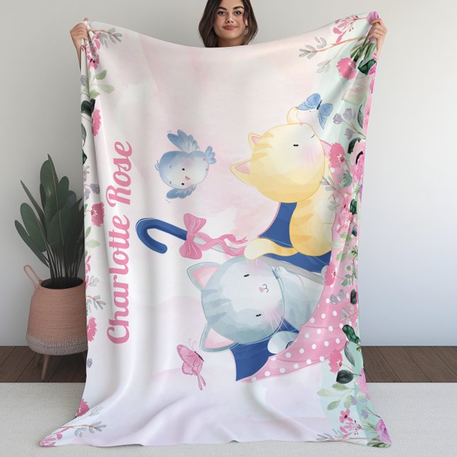 Girl Blanket med Rosa Flowers och Cute Kittens Fleecefilt (Girl Blanket with Pink Flowers and Cute Kittens)