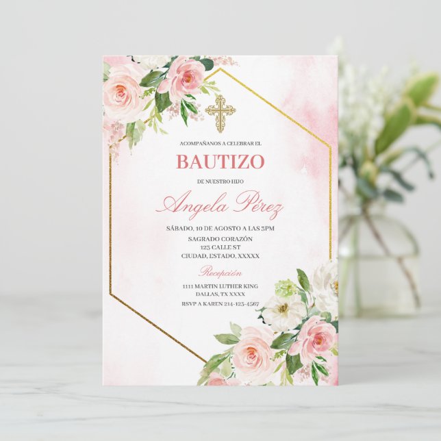 Girl Blommigt Bautizo Spanska Inbjudningar (Stående Fram)