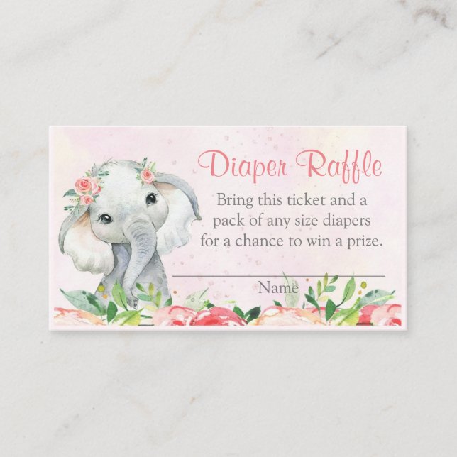 Girl Blommigt Elephant Diaper Raffle Biljett (Framsida)